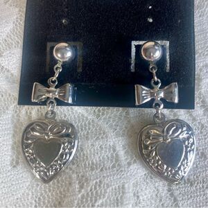 Vintage Silver Heart and Bow Earrings Embossed Pattern Dangle Style